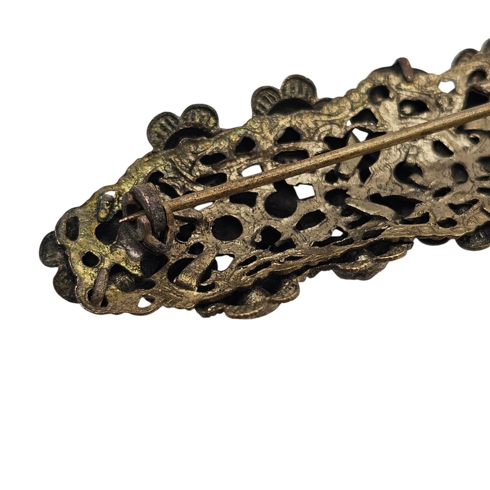 Vtg Czech Style Brass Floral Bar Brooch Multicolor Glass Rhinestones 3.5" Stmt - Picture 7 of 10